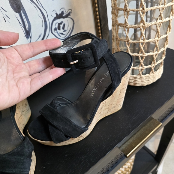 Stuart Weitzman Black Suede Platform Cork Wedge Sandals Size 6 - Picture 3 of 11